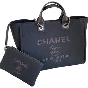 CHANEL Canvas Medium Deauville Tote Beige Black 1298983